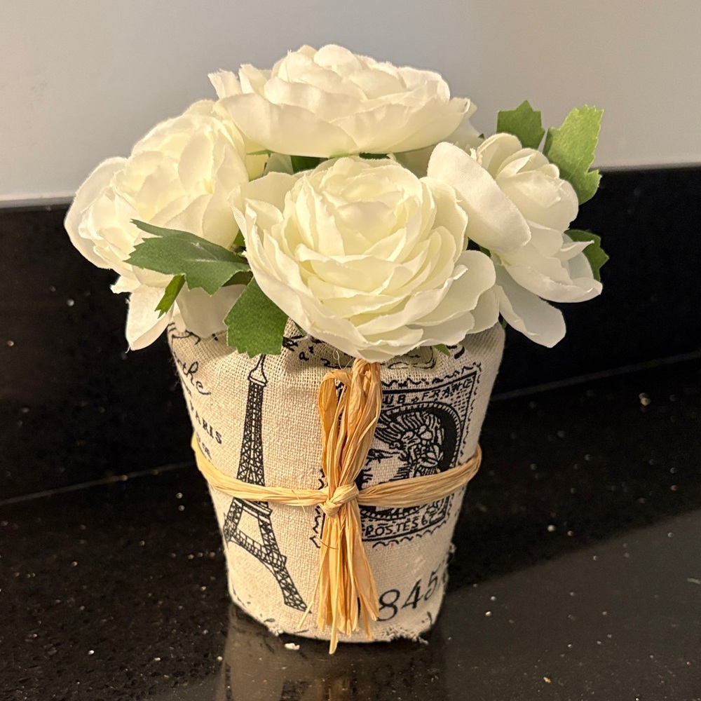 Paris Burlap Wrapped White Faux Floral Arrangement Shabby Chic Cottagecore